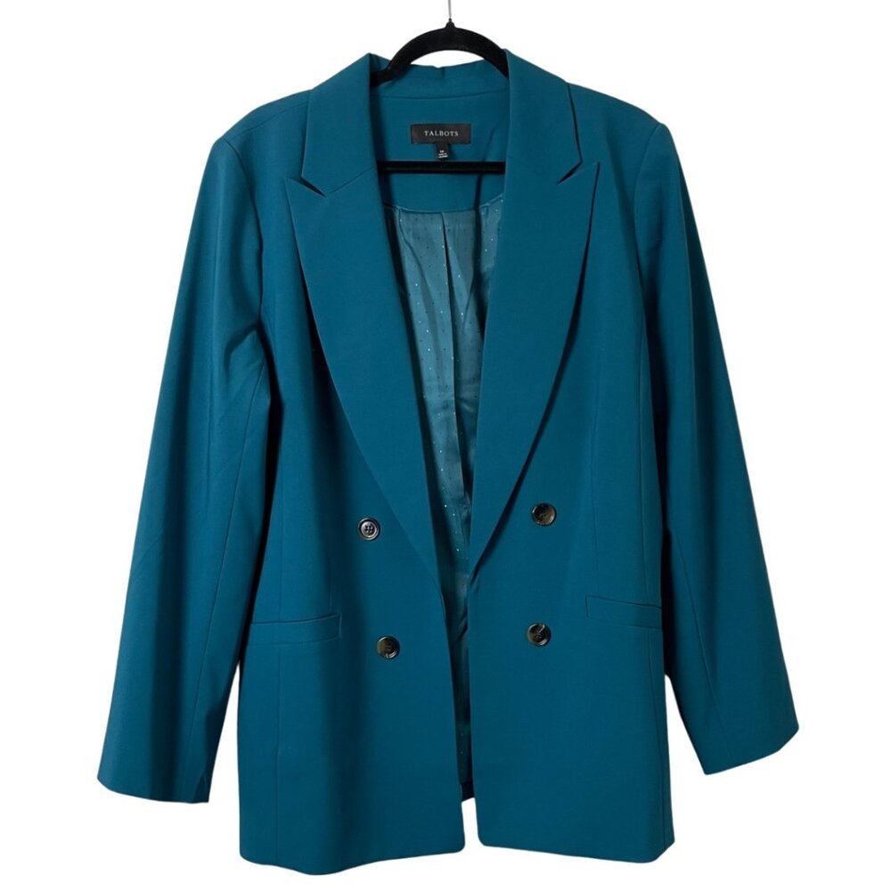 Talbots City Twill Open Front Blazer Size 14 Large Teal Double Breasted